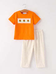 Fall Thanksgiving Apricot Plaid Turkey Embroidery Smocking Boys Set