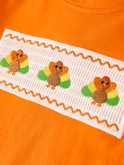 Fall Thanksgiving Apricot Plaid Turkey Embroidery Smocking Boys Set