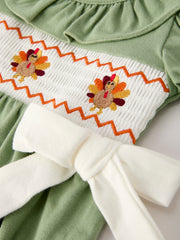 Fall Thanksgiving Chicken Smock Embroidered Green  Baby Girl Romper