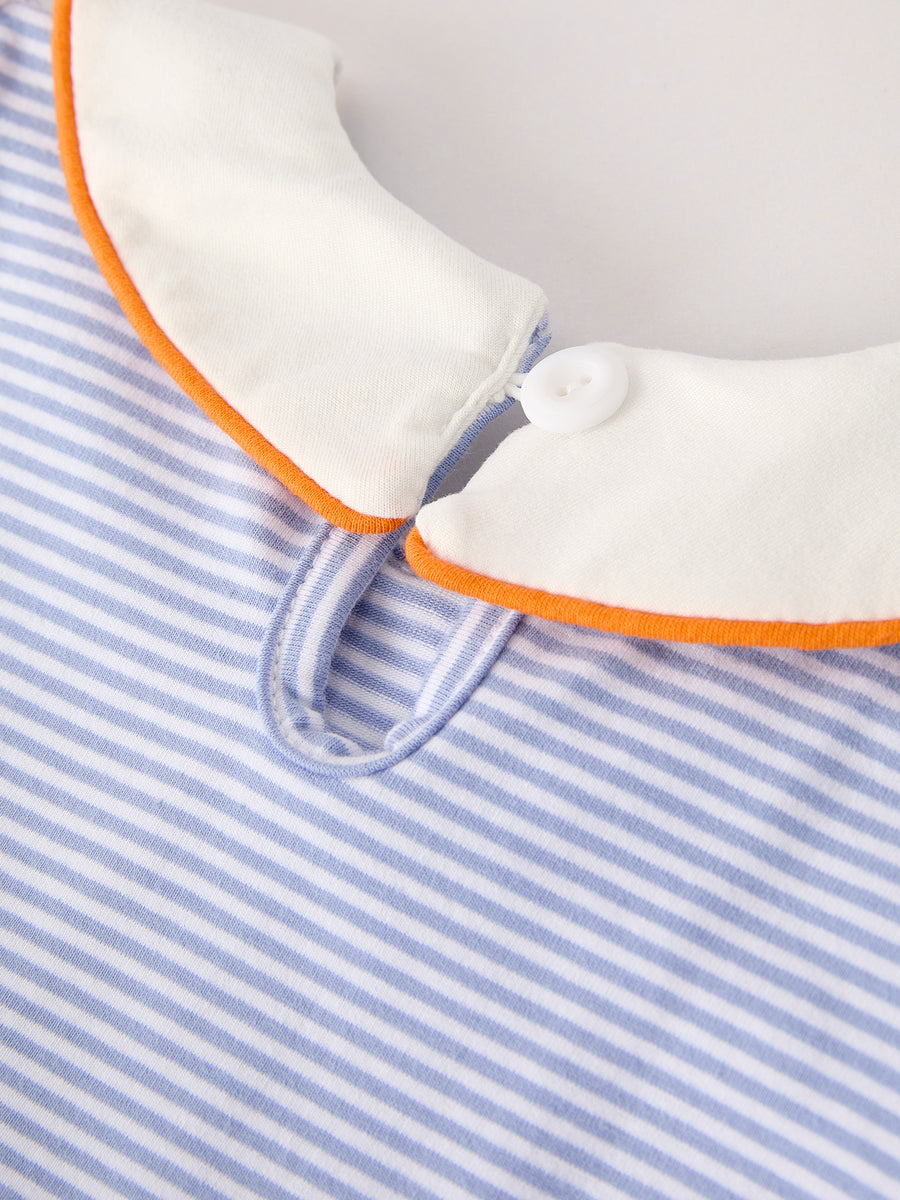 Fall Thanksgiving and Halloween Lapel Stripe Pumpkin Applique Bow Girls Dress
