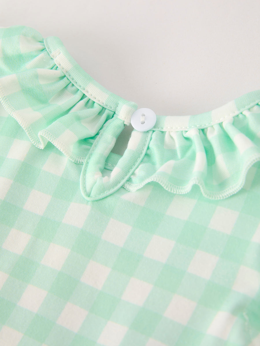 Fall Thanksgiving Green Chicken Smock Embroidered Plaid Baby Girls Romper