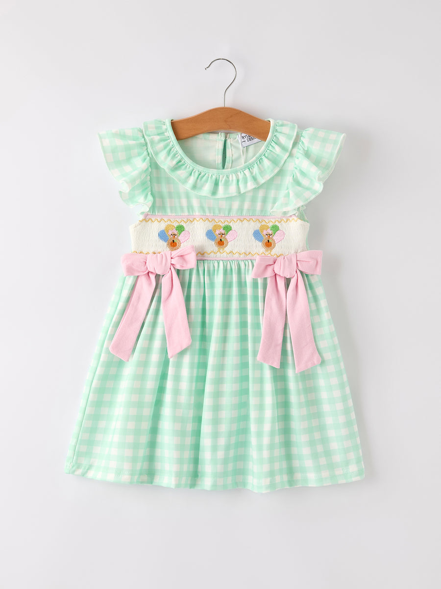 Fall Thanksgiving Green Chicken Smock Embroidered Plaid Girls Dress