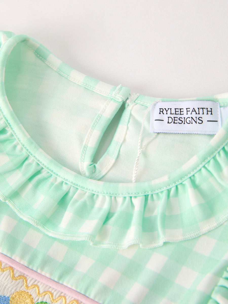 Fall Thanksgiving Green Chicken Smock Embroidered Plaid Girls Dress