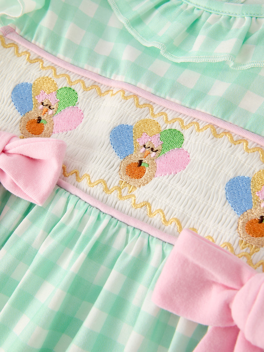 Fall Thanksgiving Green Chicken Smock Embroidered Plaid Girls Dress