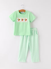 Fall Thanksgiving Green Chicken Smock Embroidered Plaid Boys Set