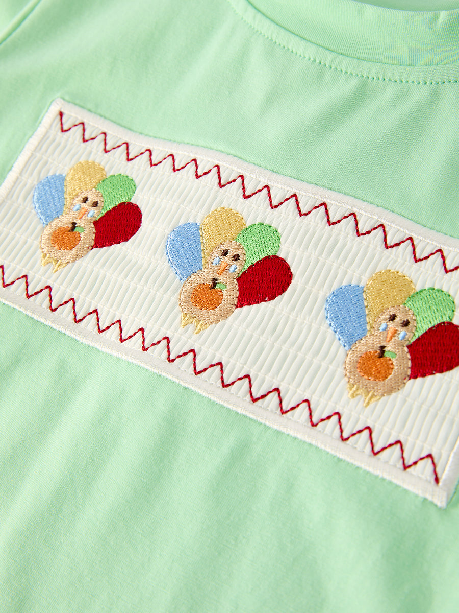Fall Thanksgiving Green Chicken Smock Embroidered Plaid Boys Set