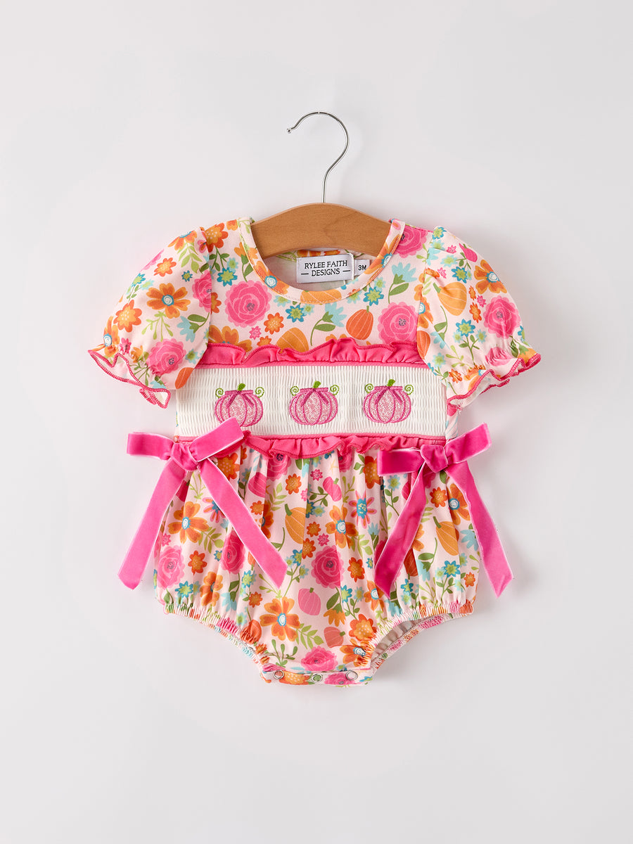 Autumn Halloween Thanksgiving Pumpkin Embroidery Smock Floral Girls Romper