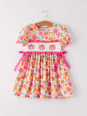 Autumn Halloween Thanksgiving Pumpkin Embroidery Smock Floral Girls Dress