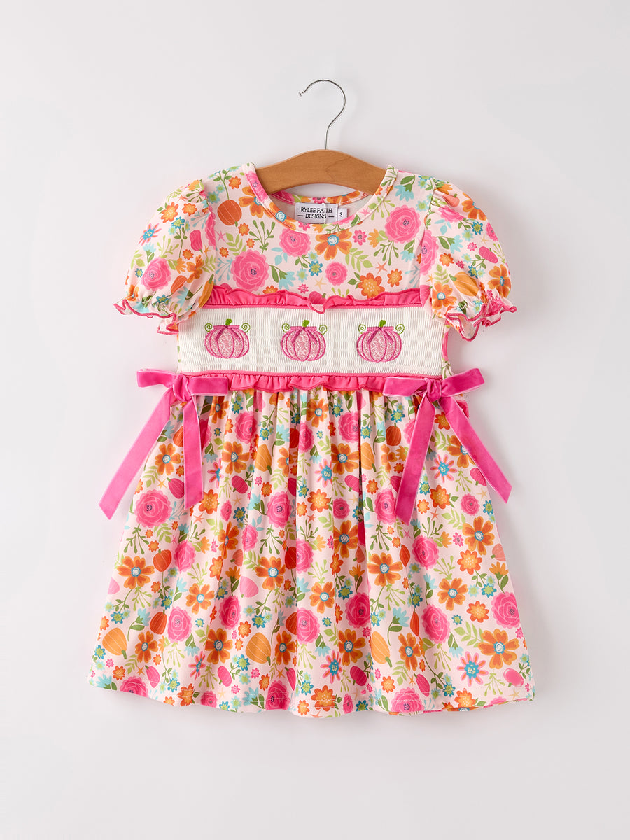 Autumn Halloween Thanksgiving Pumpkin Embroidery Smock Floral Girls Dress