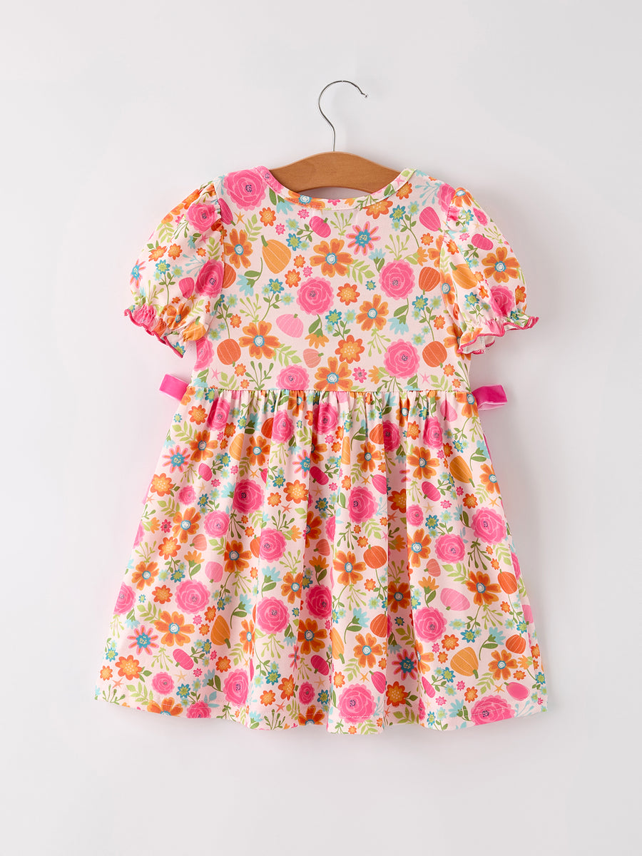 Autumn Halloween Thanksgiving Pumpkin Embroidery Smock Floral Girls Dress
