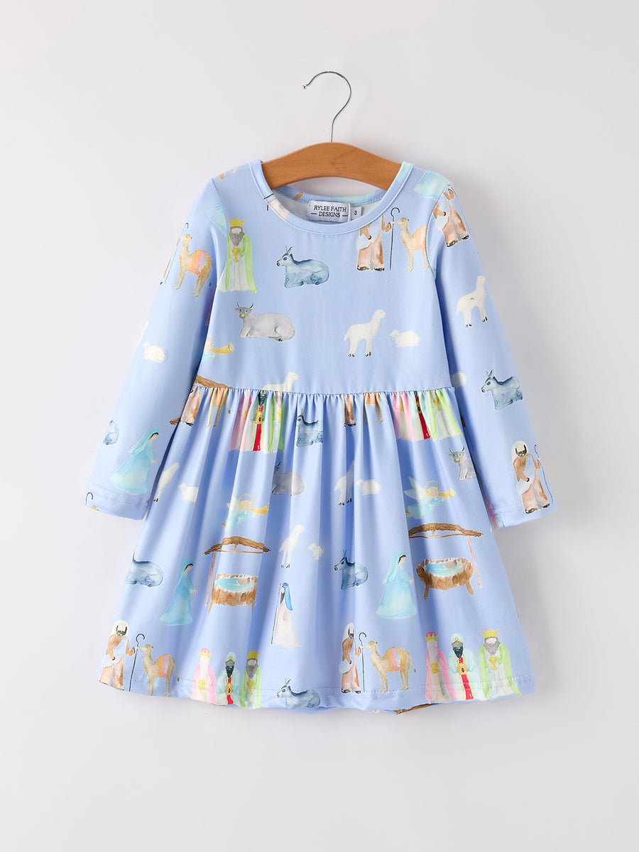 PREORDER Winter Christmas Nativity Print Girls Long Sleeve Dress