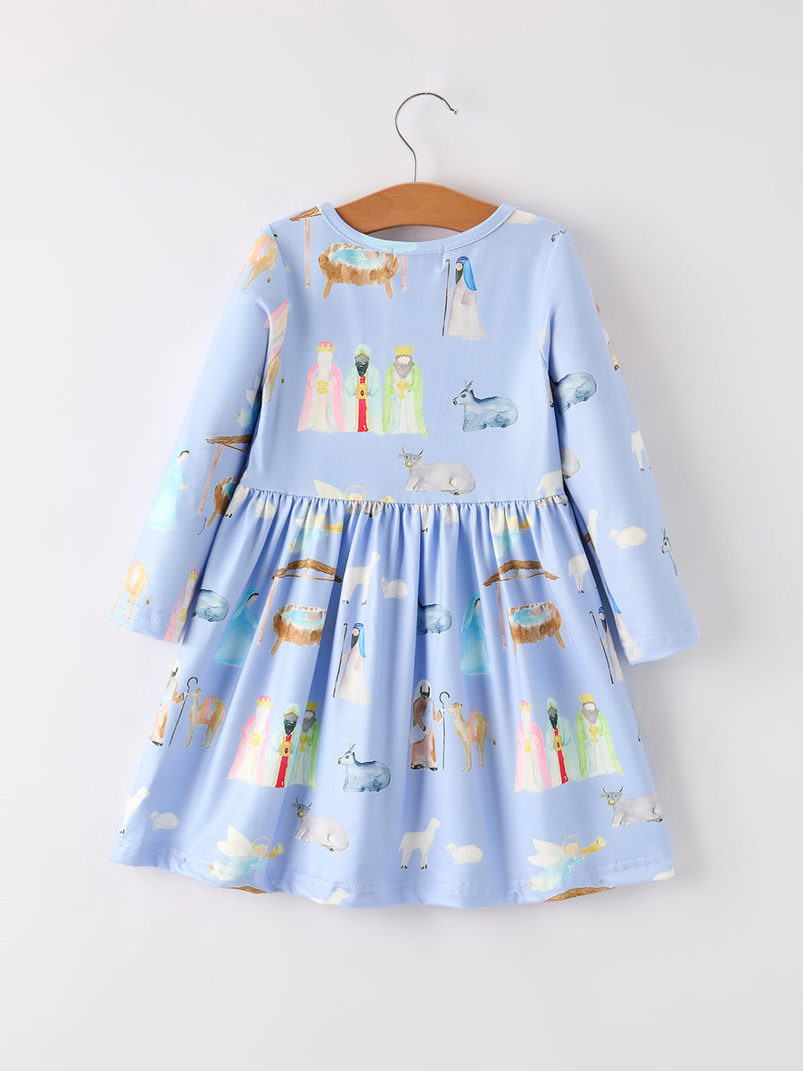 PREORDER Winter Christmas Nativity Print Girls Long Sleeve Dress