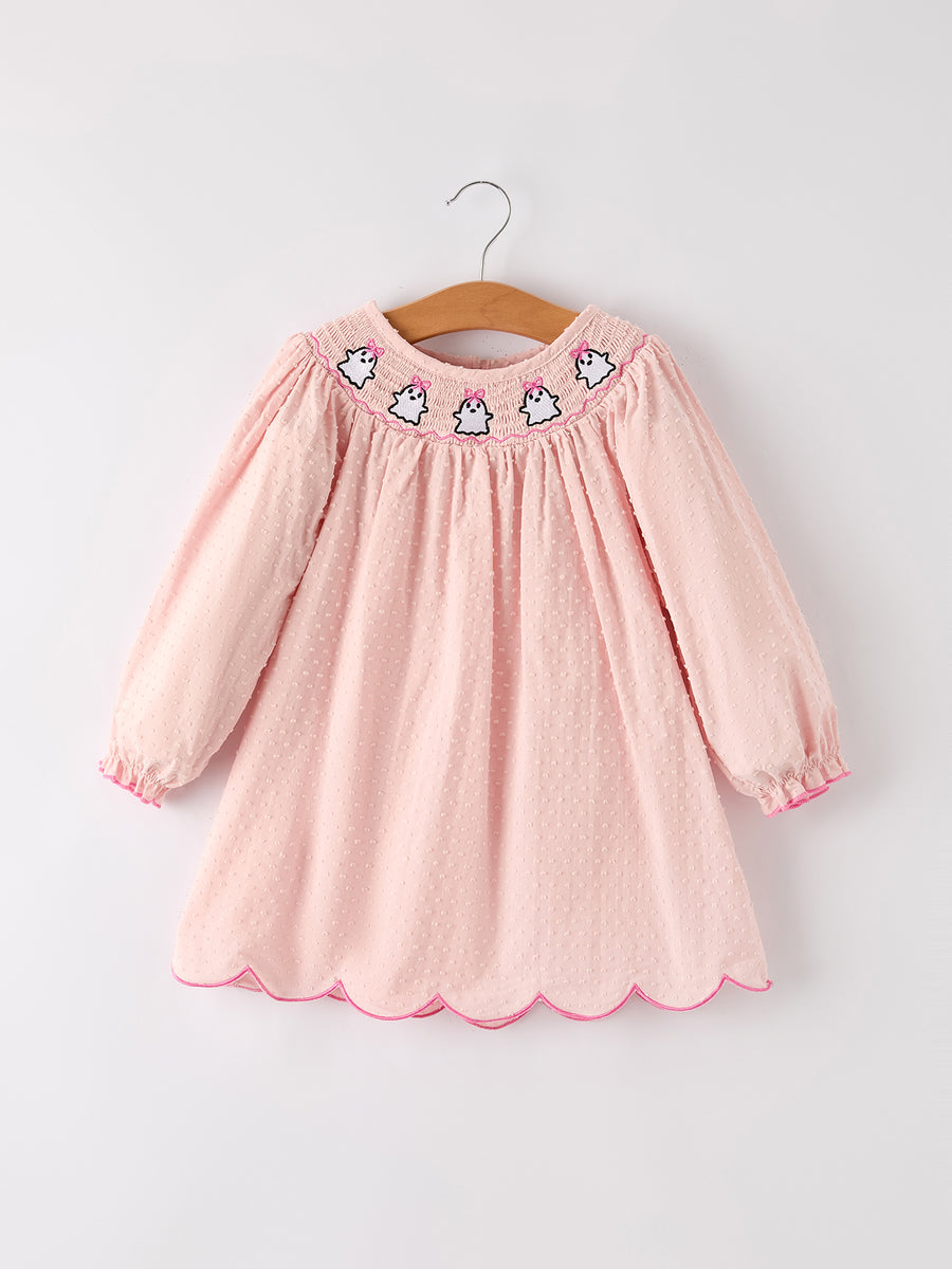 Autumn Halloween Light Pink Ghost Embroidery Smock Girl Dress