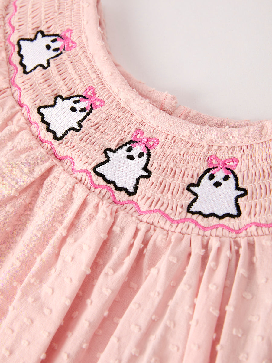 Autumn Halloween Light Pink Ghost Embroidery Smock Girl Dress