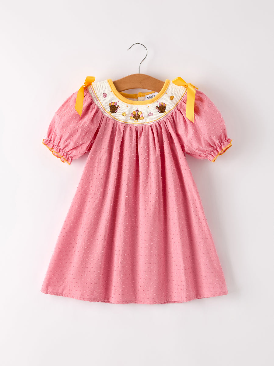 Fall Thanksgiving Turkey Leaf Embroidery Smocking Bow Girls Dress