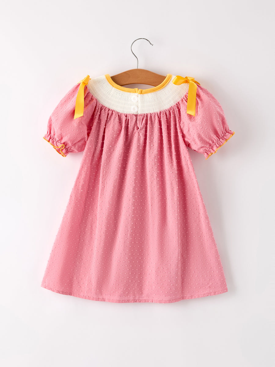 Fall Thanksgiving Turkey Leaf Embroidery Smocking Bow Girls Dress