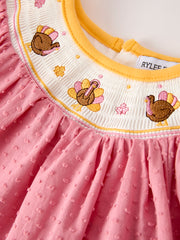 Fall Thanksgiving Turkey Leaf Embroidery Smocking Bow Girls Dress