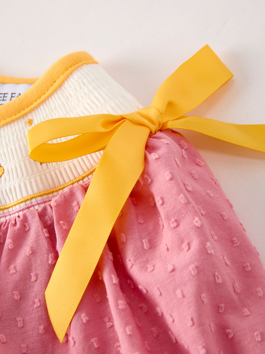 Fall Thanksgiving Turkey Leaf Embroidery Smocking Bow Girls Dress