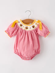 Fall Thanksgiving Turkey Leaf Embroidery Smocking Bow Baby Girls Romper