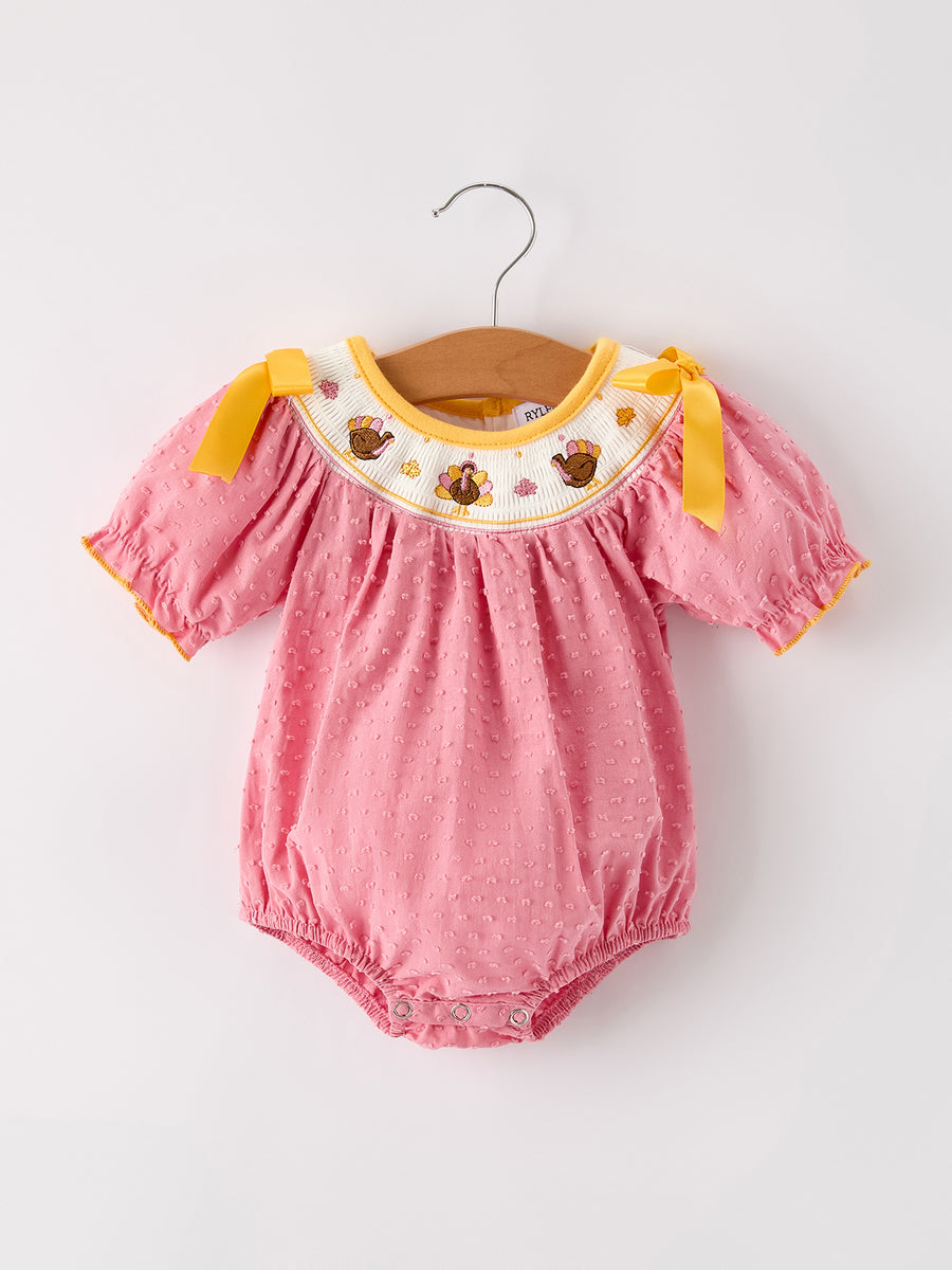 Fall Thanksgiving Turkey Leaf Embroidery Smocking Bow Baby Girls Romper