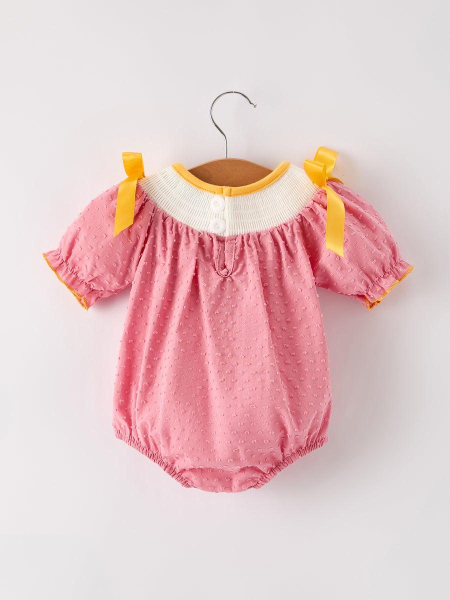 Fall Thanksgiving Turkey Leaf Embroidery Smocking Bow Baby Girls Romper