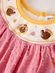 Fall Thanksgiving Turkey Leaf Embroidery Smocking Bow Baby Girls Romper