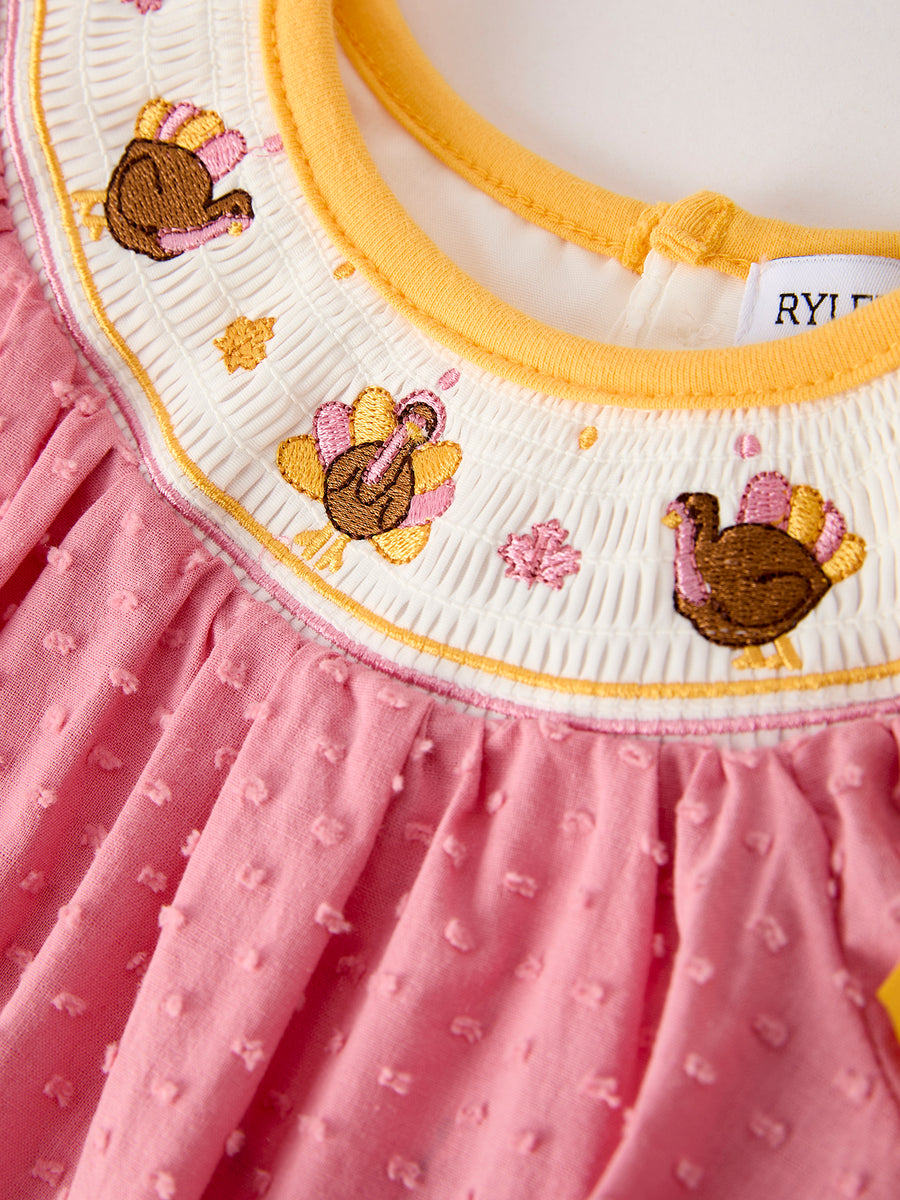 Fall Thanksgiving Turkey Leaf Embroidery Smocking Bow Baby Girls Romper