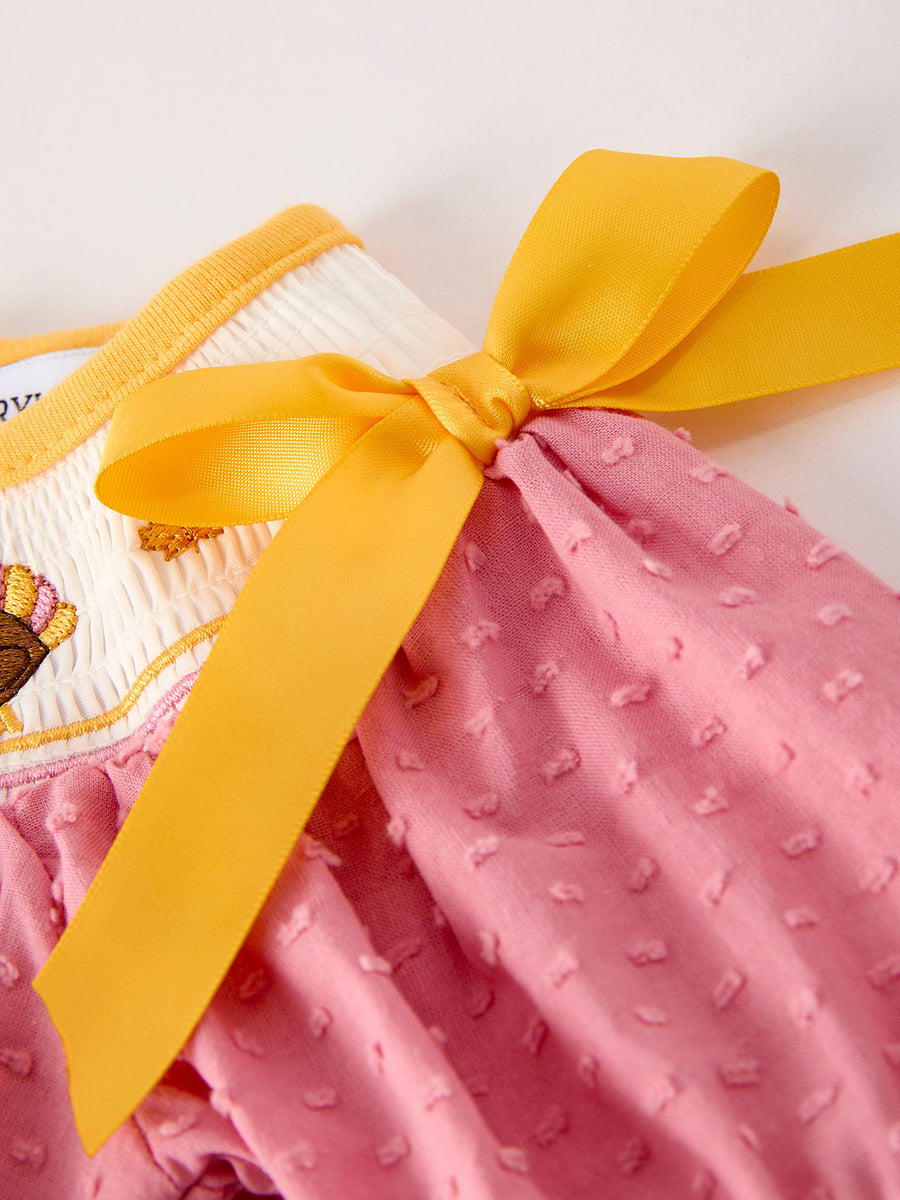 Fall Thanksgiving Turkey Leaf Embroidery Smocking Bow Baby Girls Romper