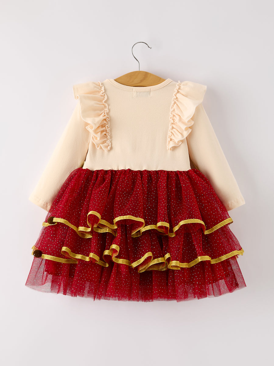 Autumn Thanksgiving Tulle Red Girls Long Sleeve Dress