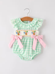 Fall Thanksgiving Green Chicken Smock Embroidered Plaid Baby Girls Romper