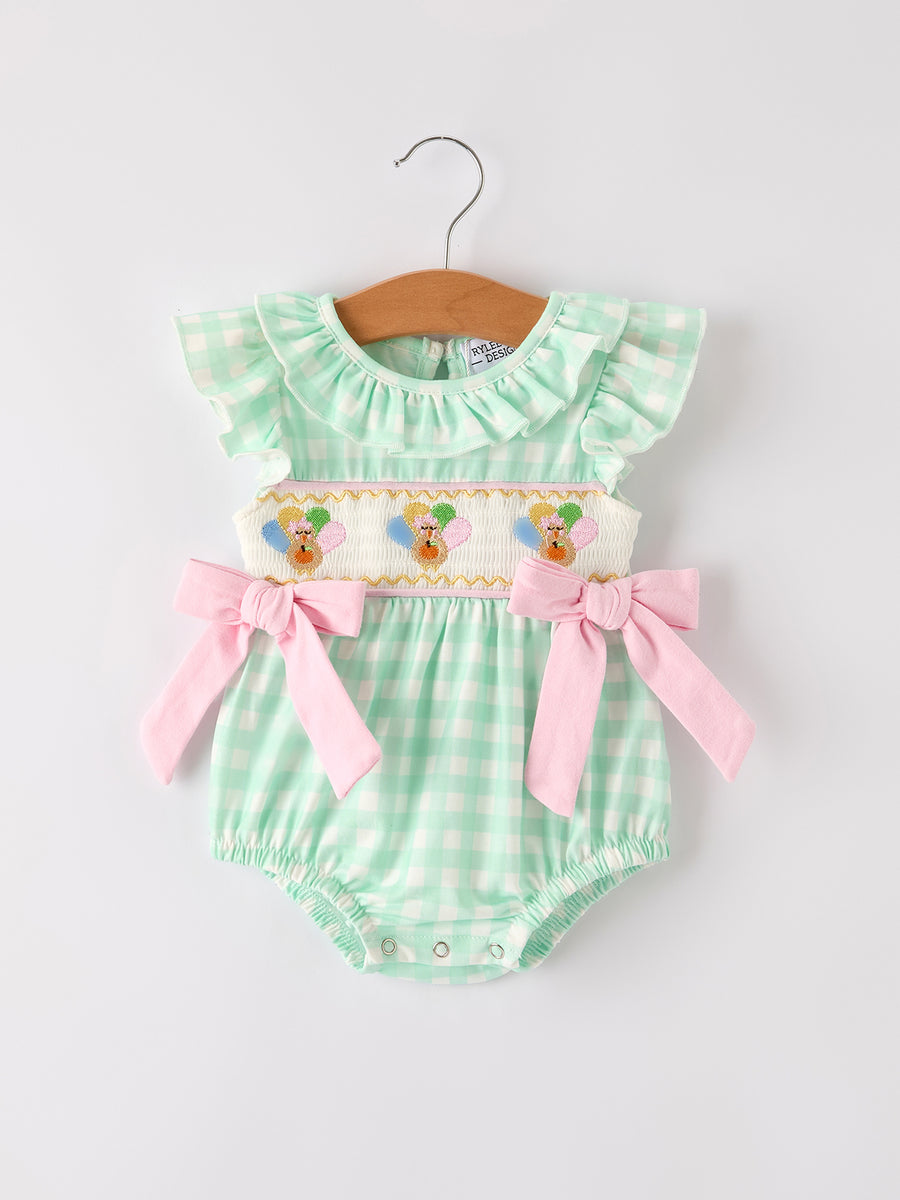 Fall Thanksgiving Green Chicken Smock Embroidered Plaid Baby Girls Romper