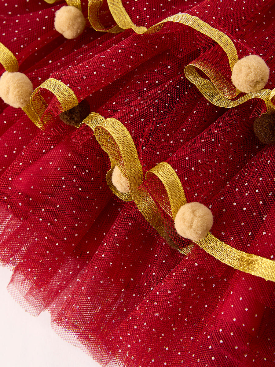 Autumn Thanksgiving Tulle Red Girls Long Sleeve Dress