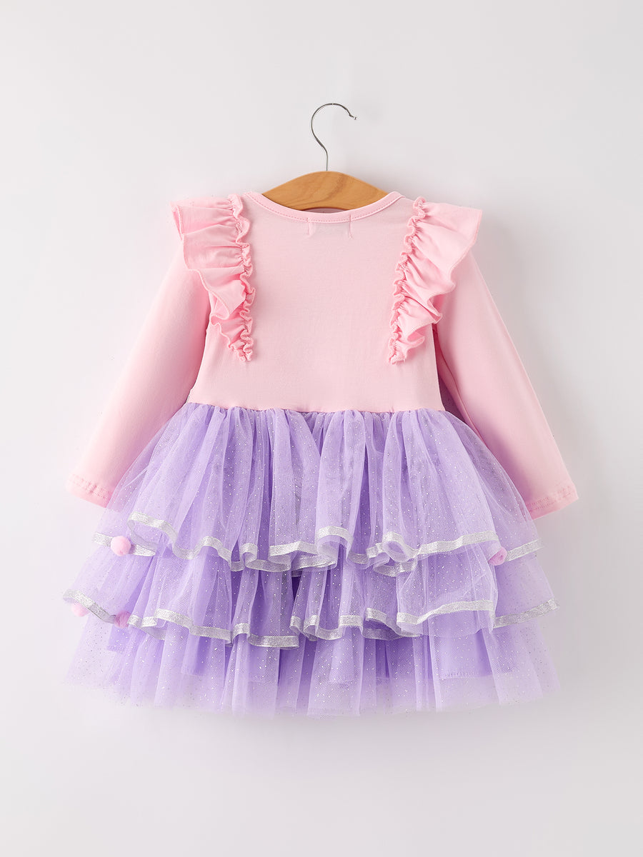 Autumn Thanksgiving Tulle Pink Purple Girls Long Sleeve Dress