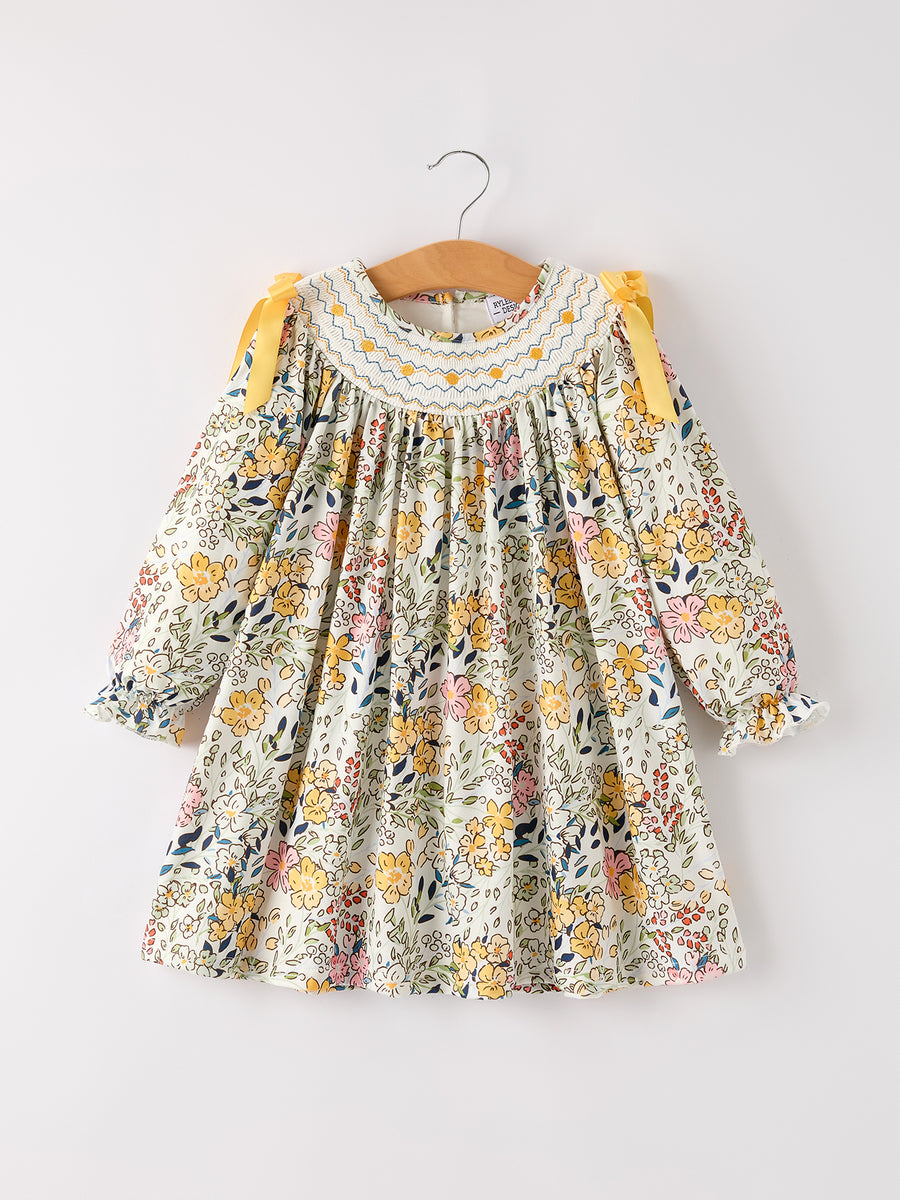 PREORDER Fall  Embroidery Smocking Bow Floral Leaf Baby Girls Dress