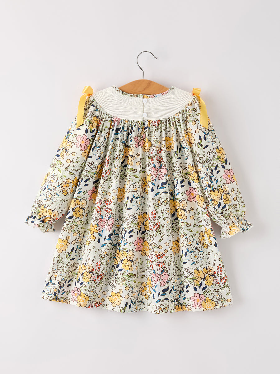 PREORDER Fall  Embroidery Smocking Bow Floral Leaf Baby Girls Dress