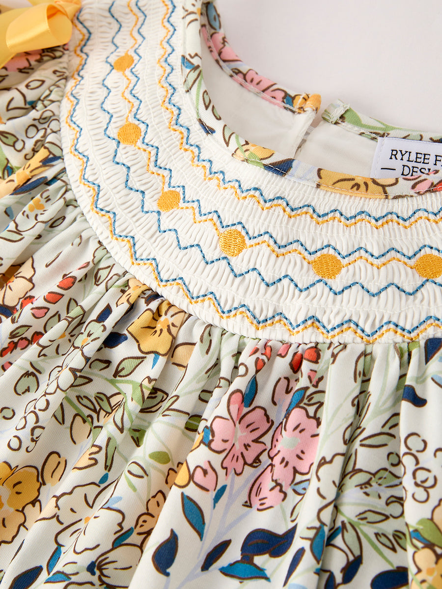 PREORDER Fall  Embroidery Smocking Bow Floral Leaf Baby Girls Dress
