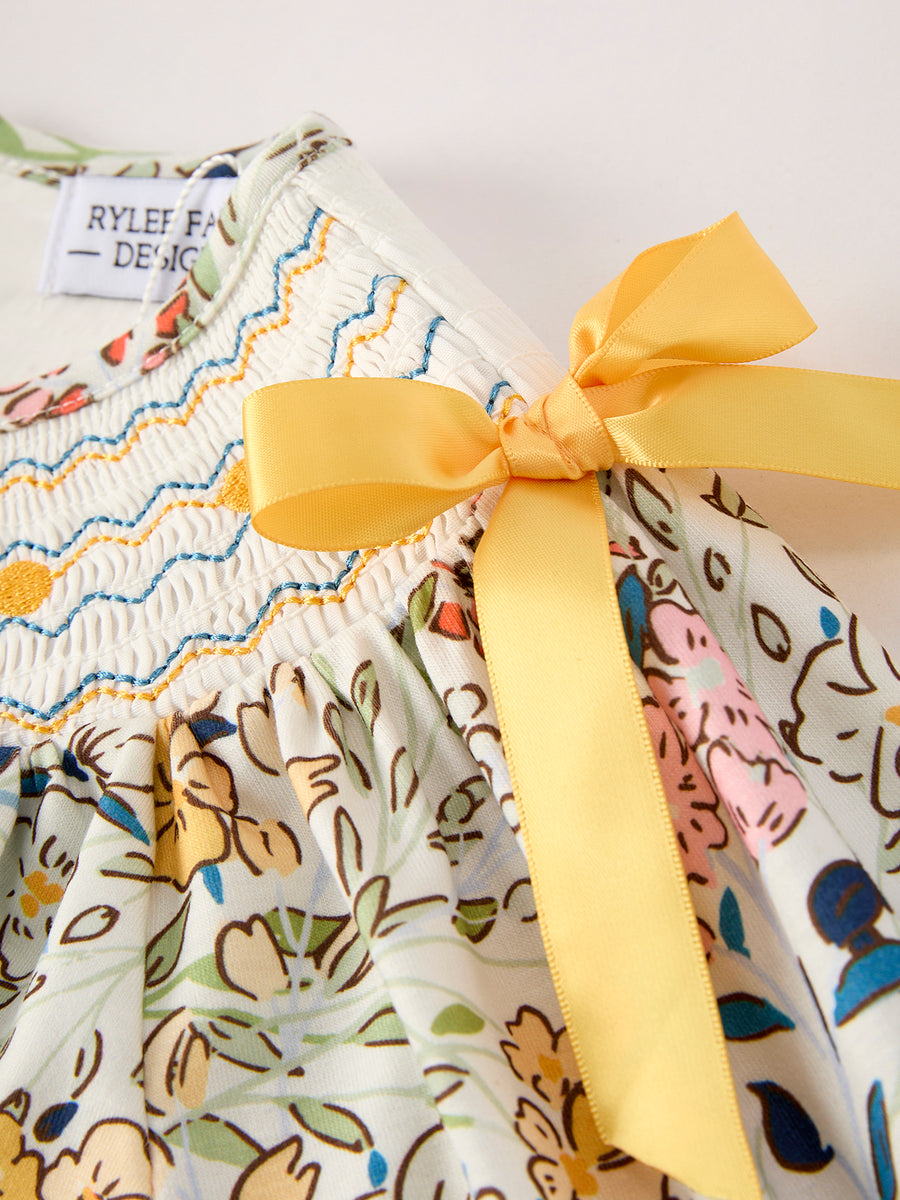 PREORDER Fall  Embroidery Smocking Bow Floral Leaf Baby Girls Dress