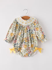 PREORDER Fall  Embroidery Smocking Bow Floral Leaf Baby Girls Romper