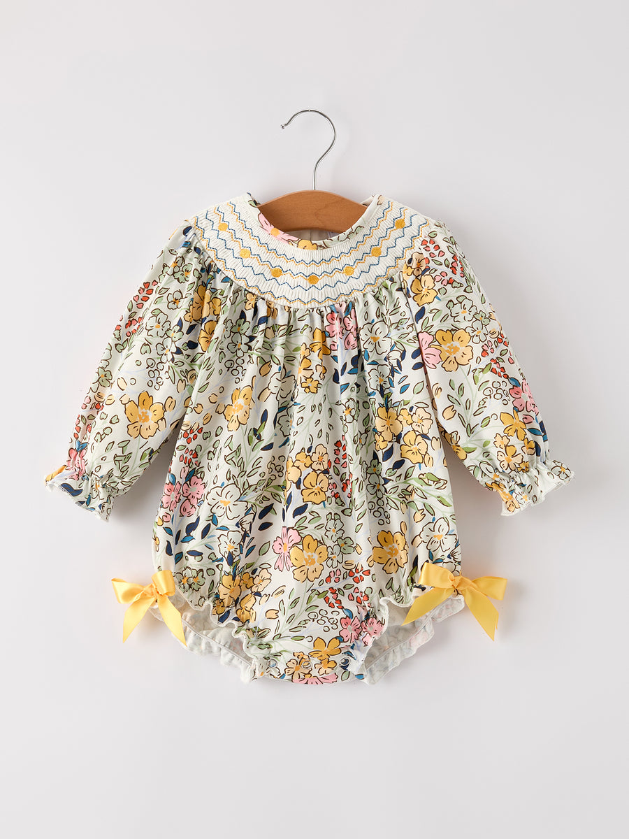 PREORDER Fall  Embroidery Smocking Bow Floral Leaf Baby Girls Romper