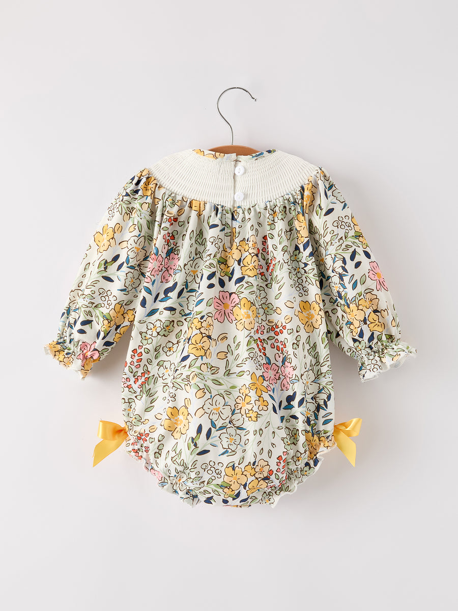PREORDER Fall  Embroidery Smocking Bow Floral Leaf Baby Girls Romper