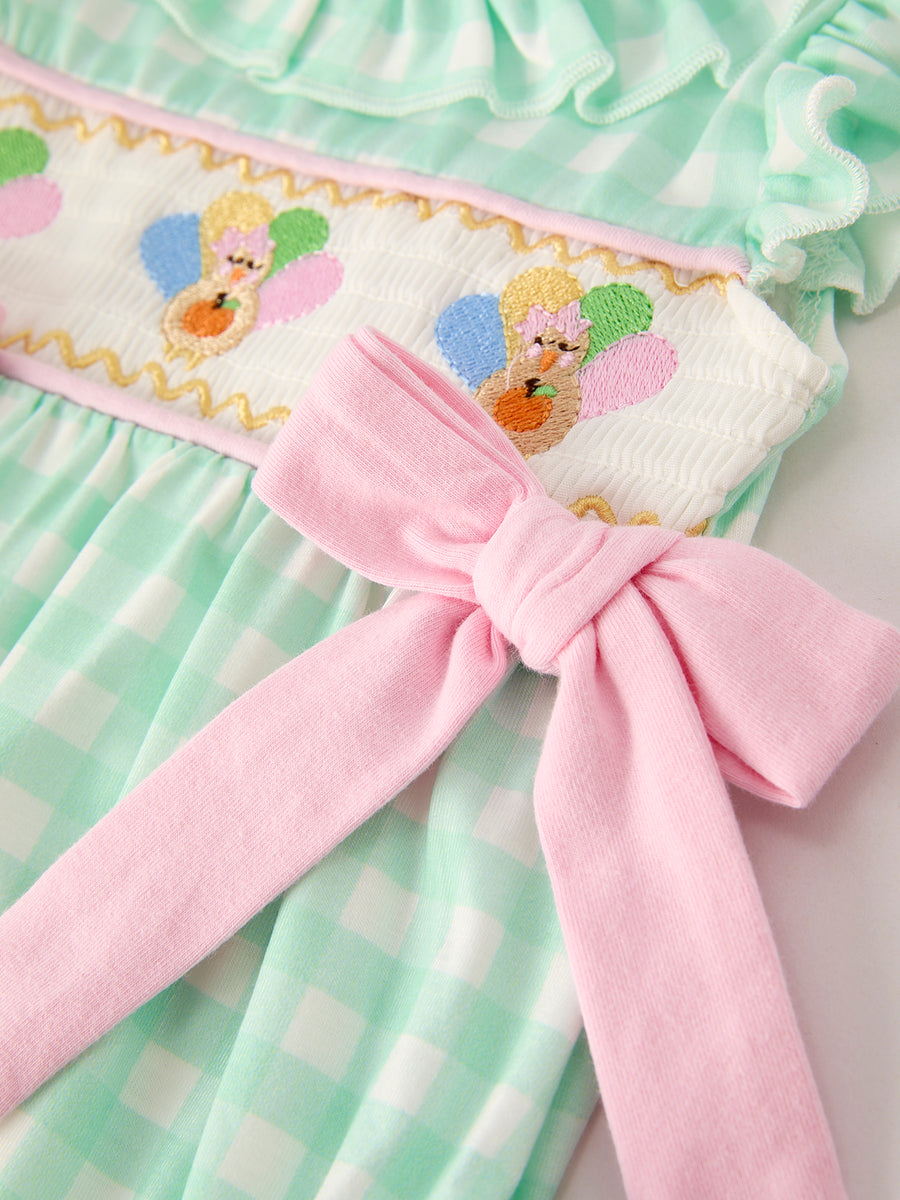 Fall Thanksgiving Green Chicken Smock Embroidered Plaid Baby Girls Romper