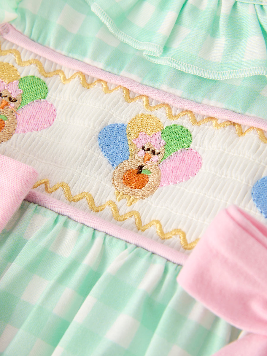 Fall Thanksgiving Green Chicken Smock Embroidered Plaid Baby Girls Romper