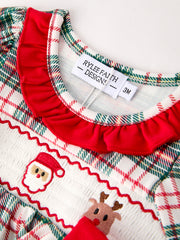 PREORDER Christmas Plaid Smocking Embroidered Girls Bloomers Romper Set