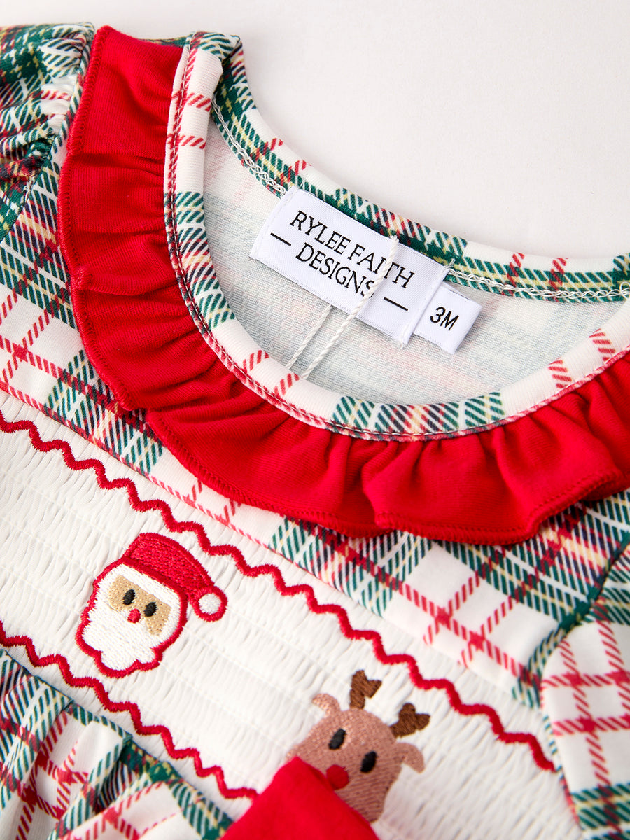 PREORDER Christmas Plaid Smocking Embroidered Girls Bloomers Romper Set