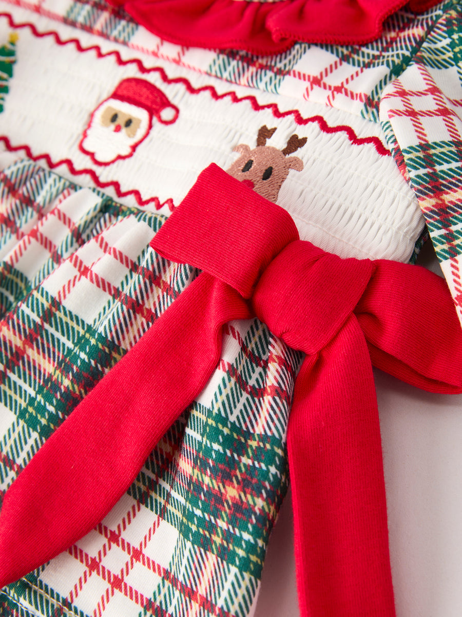 PREORDER Christmas Plaid Smocking Embroidered Girls Bloomers Romper Set