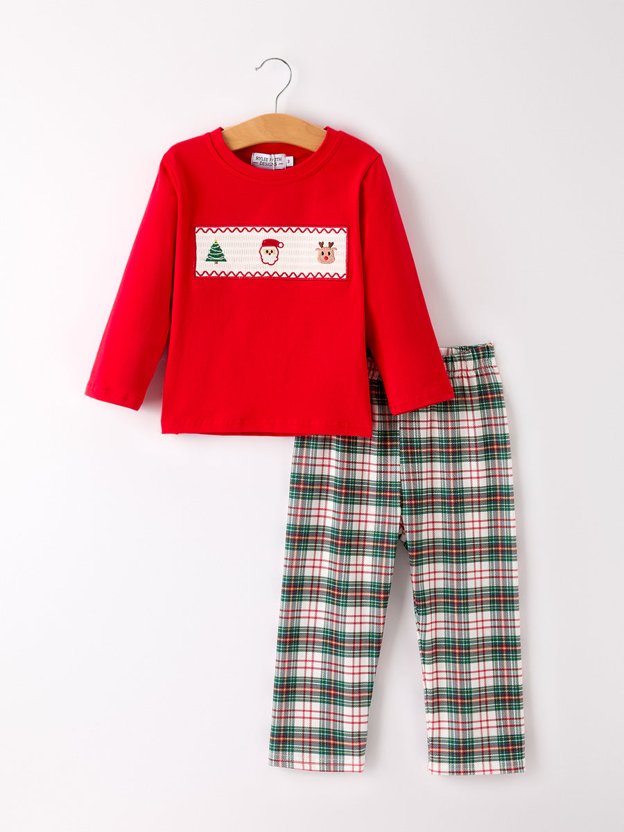 PREORDER Christmas Plaid Smocking Embroidered Boys Set