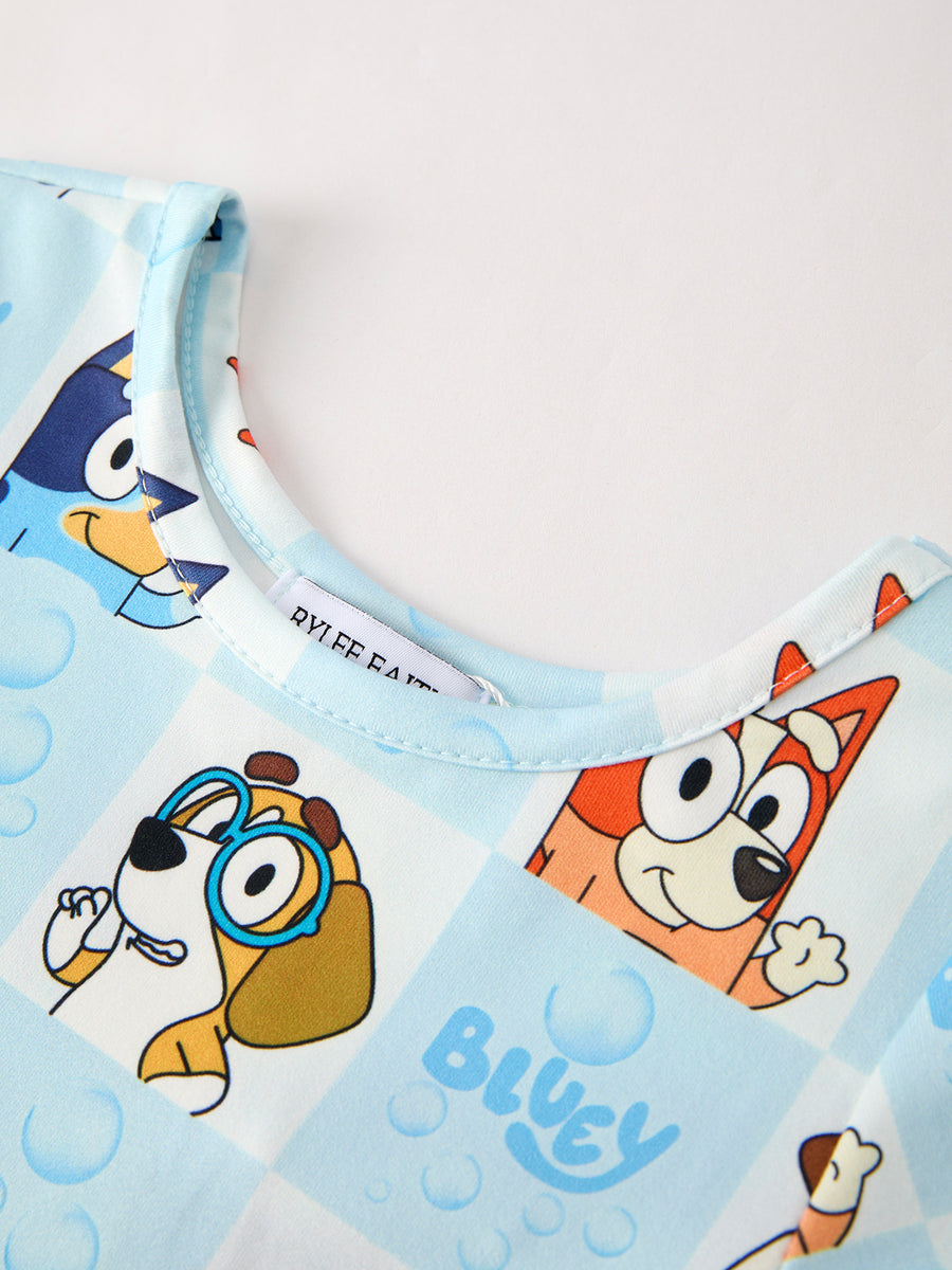 Winter Christmas Character Print Blue Girls Dress
