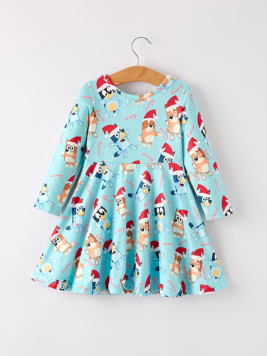 Winter Christmas Character Print Blue Girls Long Sleeve Dress
