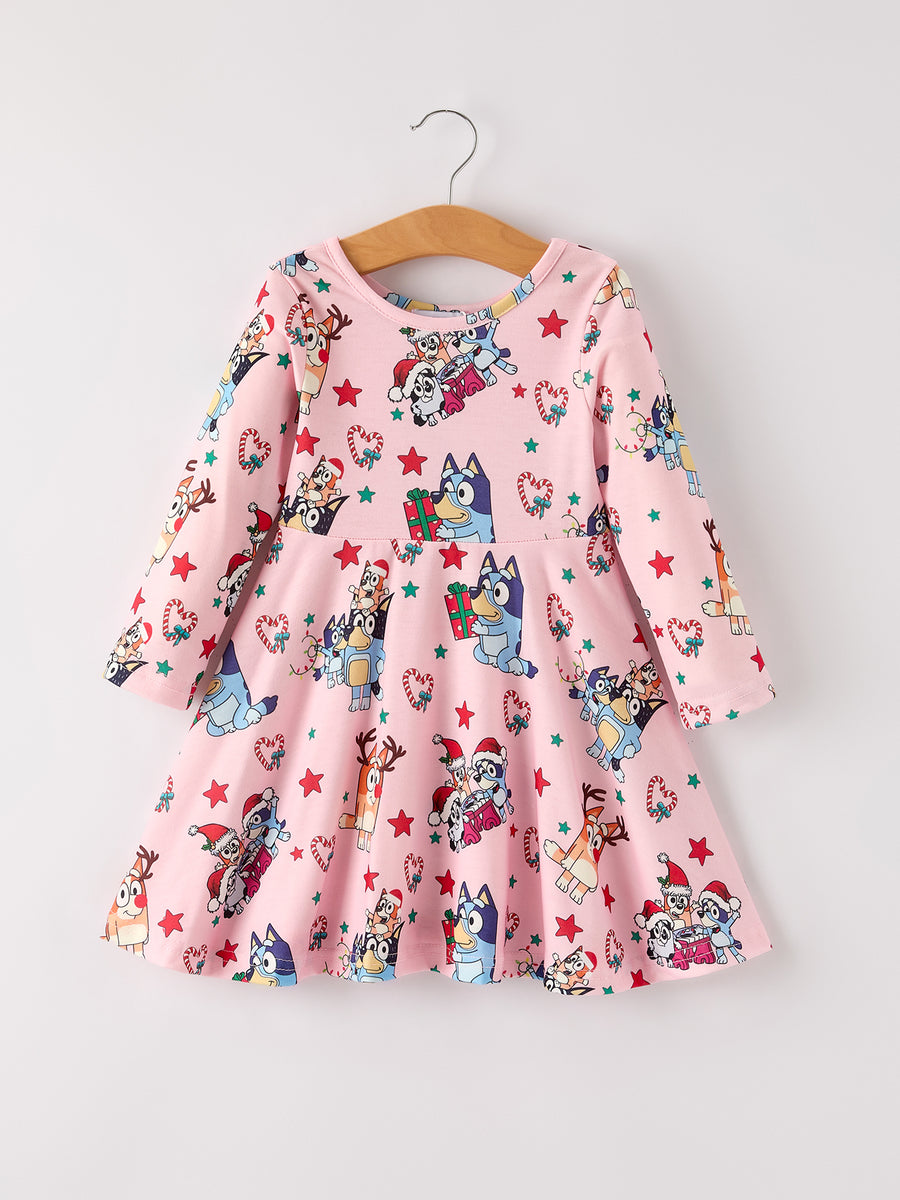 Winter Christmas Character Print  Pink Girls Dress
