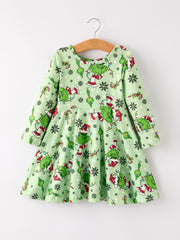 Winter Christmas Character Print  Green Girls Dress